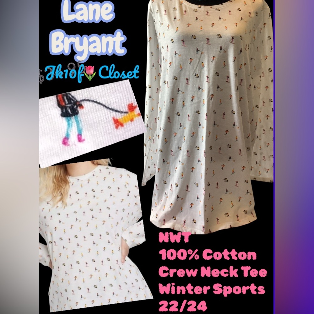 LOWEST 🌺 NWT LANE BRYANT Sz22/24 WHITE COTTON CREW NECK TEE w/ WINTER SCENES TOP